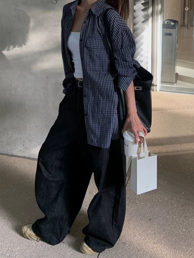 復古藏青色格紋襯衫寬鬆長袖4