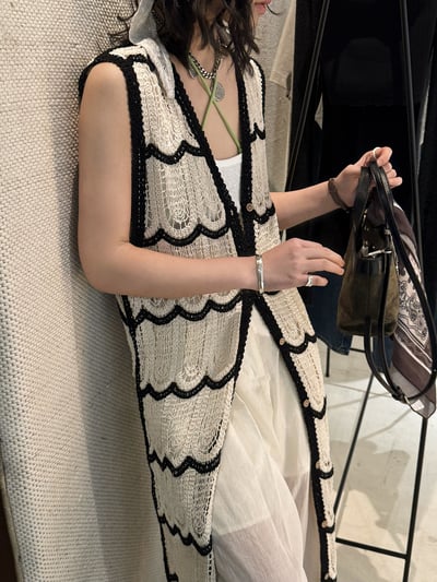 波浪鉤針長針織度假感上衣1