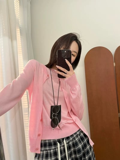 春季羊毛短袖圓領針織開襟衫薄外套兩件式1