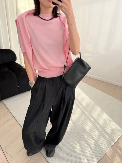 春季羊毛短袖圓領針織開襟衫薄外套兩件式12