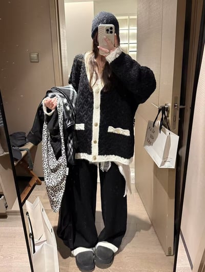 小香風拼色麻花大开衫長褲套裝7