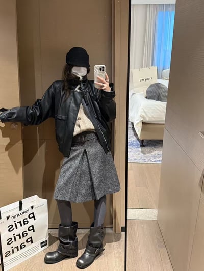 腰帶百褶雜點開叉褶半身中裙5