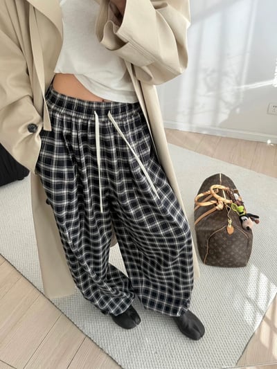 春季慵懶鬆弛感撞擊色格紋褲顯瘦休閒長褲5