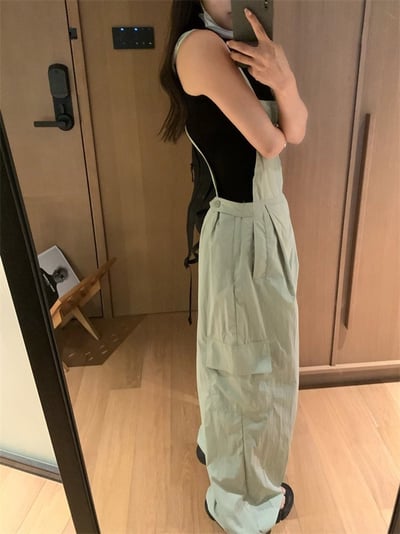 大推~夏款寬鬆闊腿工裝背帶褲清爽休閒長褲4