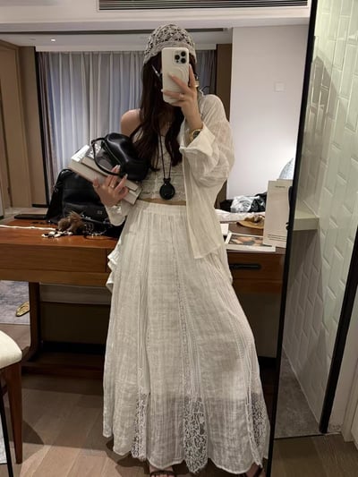 亞麻天絲暗格襯衫拼接蕾絲半身裙12