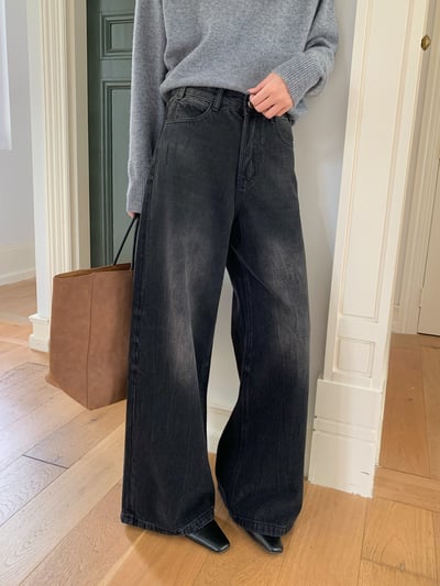 美式復古雪花水洗黑闊腿牛仔褲4