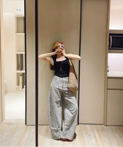 亞麻弧形闊腿格紋休閒褲輕薄透氣輪廓長褲6