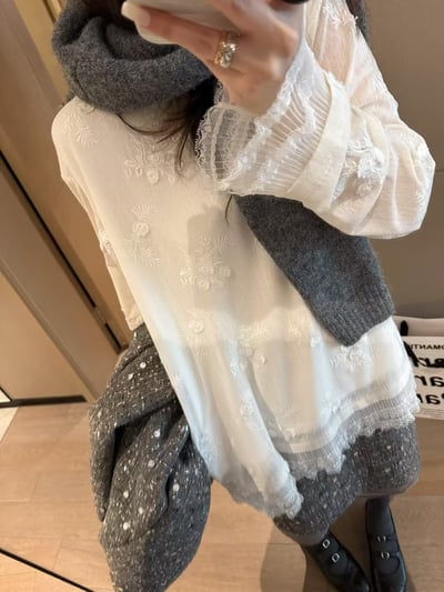 立體刺繡蕾絲長袖t恤1