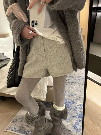 拉鏈款闊腿絲綿呢毛呢A字短褲9