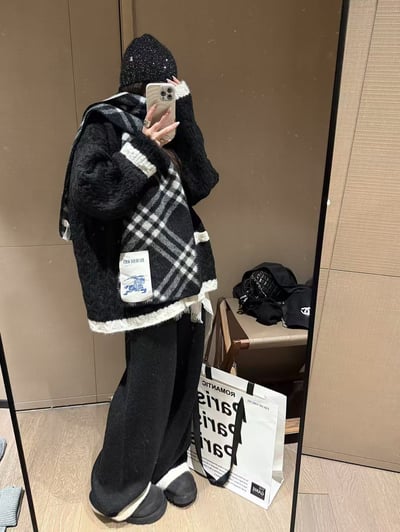 小香風拼色麻花大开衫長褲套裝10