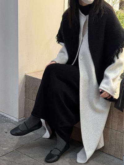 羊毛雙面圓領長大衣配流蘇圍巾10