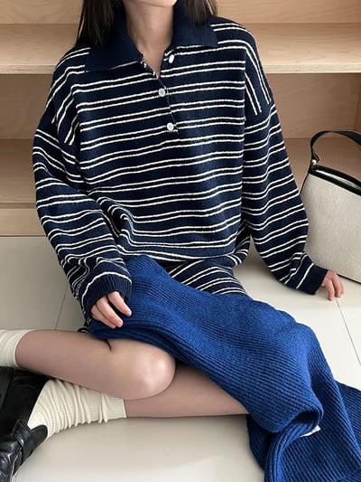 條紋翻領針織衫半身裙套裝2