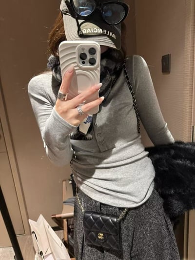 彈力半高領排扣抓絨亨利領T恤5