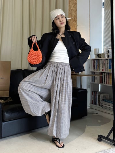 格紋氣球褲紐扣束腳長褲3