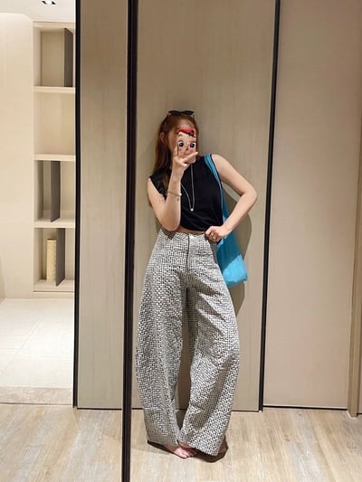 亞麻弧形闊腿格紋休閒褲輕薄透氣輪廓長褲2