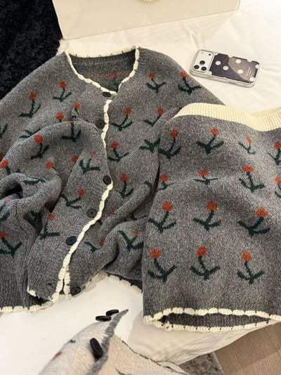 牛絨櫻桃開衫中半身裙套裝7