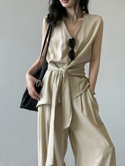 V領亞麻綁帶收腰無袖長褲套裝6