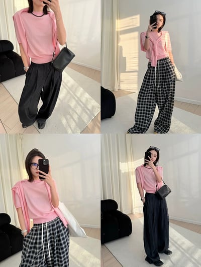 春季羊毛短袖圓領針織開襟衫薄外套兩件式8