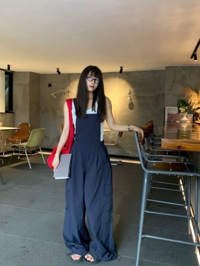 大推~夏款寬鬆闊腿工裝背帶褲清爽休閒長褲3