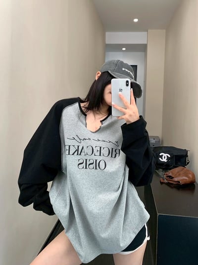 休閒插肩袖V領T恤寬鬆純棉1