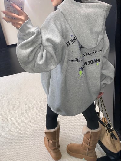 加絨慵懶簡單印花長袖帽Ｔ5