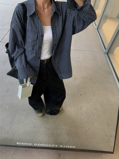 復古藏青色格紋襯衫寬鬆長袖3
