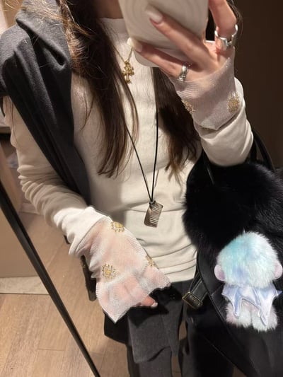 網紗長袖上衣釘珠立體拼接2