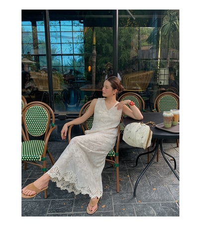 V領背心蕾絲鉤花無袖連身裙2