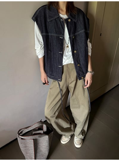 翻領拼格牛仔馬甲下擺繫帶1