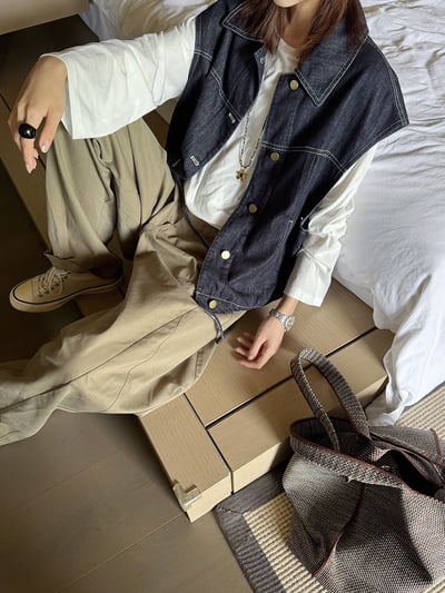 翻領拼格牛仔馬甲下擺繫帶2