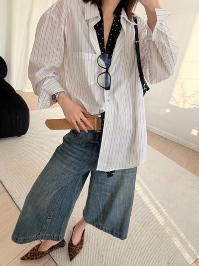 春季清爽豎條紋翻領襯衫寬鬆休閒上衣2