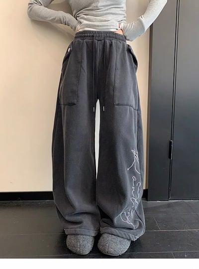 冬季美式復古加絨闊腿褲6