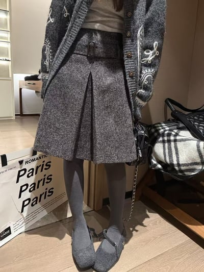 腰帶百褶雜點開叉褶半身中裙3