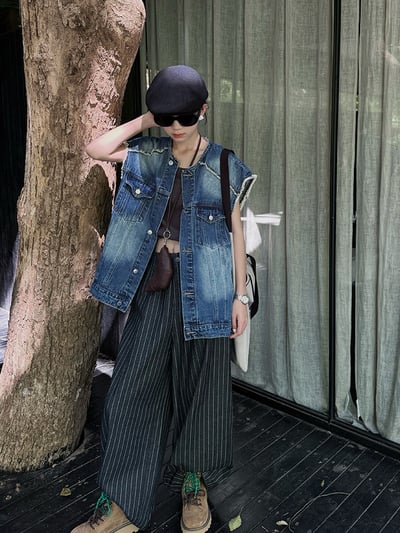 復古毛邊牛仔馬甲美式水洗6