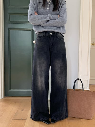 美式復古雪花水洗黑闊腿牛仔褲1