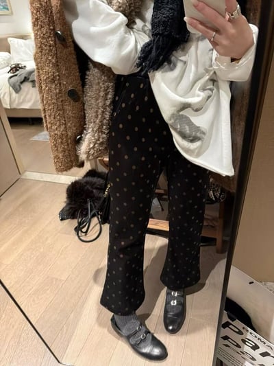 高腰鬆緊波點加絨微喇叭八分褲2