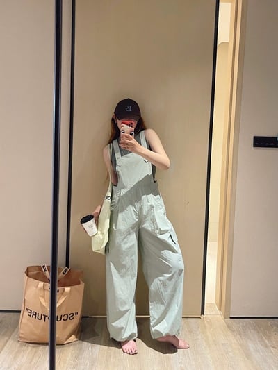 大推~夏款寬鬆闊腿工裝背帶褲清爽休閒長褲10