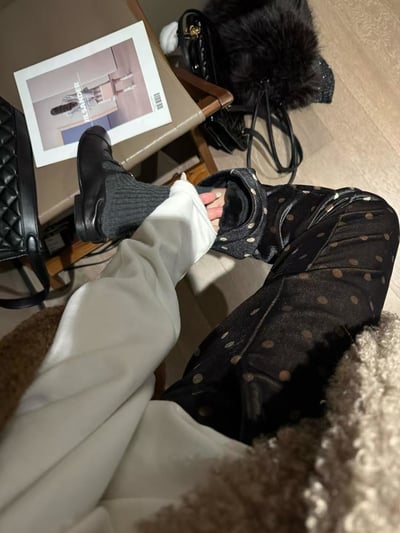 高腰鬆緊波點加絨微喇叭八分褲4