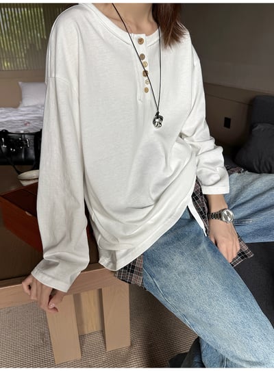 簡約不規則扣捲邊純色長袖T9