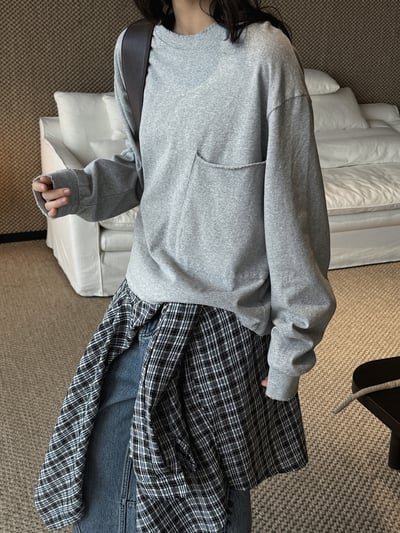 圓領單側袋不對稱T卹寬鬆輪廓1