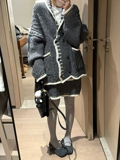 v領拼色針織小翻領絞花套裝10