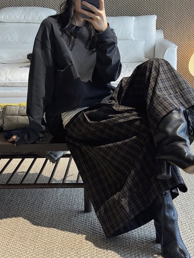 圓領單側袋不對稱T卹寬鬆輪廓3