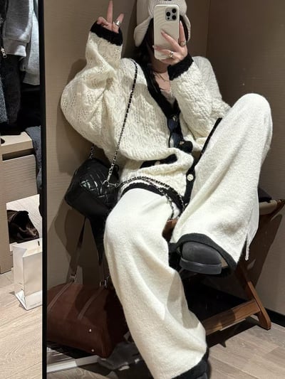 小香風拼色麻花大开衫長褲套裝4