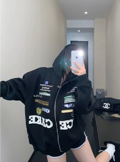 刺繡賽車風加絨連帽外套5