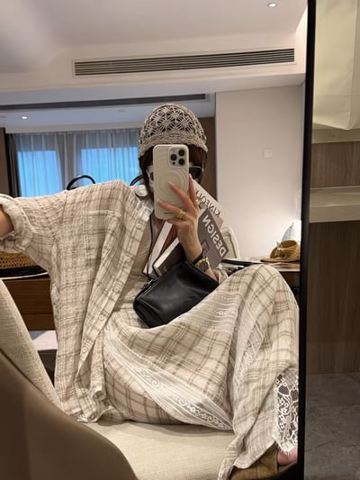 亞麻天絲暗格襯衫拼接蕾絲半身裙16