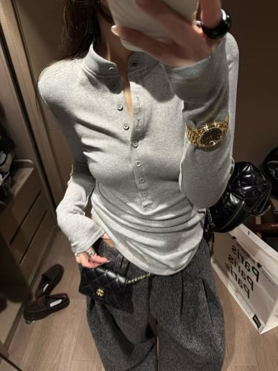 彈力半高領排扣抓絨亨利領T恤4