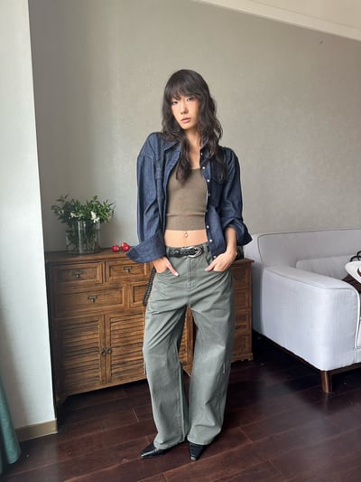 原牛可收腰落肩廓形長褲套裝13