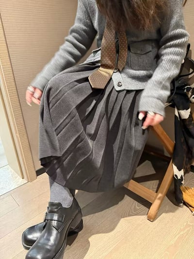 鬆緊腰細百褶中裙半身裙11