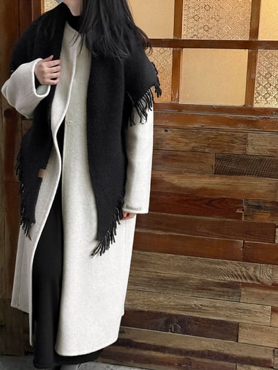 羊毛雙面圓領長大衣配流蘇圍巾1