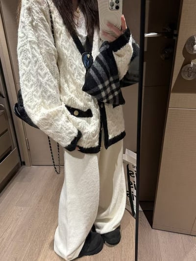 小香風拼色麻花大开衫長褲套裝11